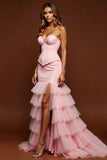 Blush Pink Mermaid Tulle Sweetheart Tiered Long Prom Dress with Slit