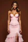 Blush Pink Mermaid Tulle Sweetheart Tiered Long Prom Dress with Slit