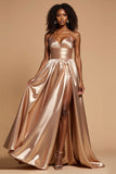 Golden A Line V-Neck Long Satin Prom Dress with Slit