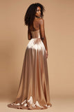 Golden A Line V-Neck Long Satin Prom Dress with Slit