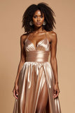 Golden A Line V-Neck Long Satin Prom Dress with Slit