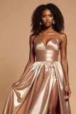 Golden A Line V-Neck Long Satin Prom Dress with Slit