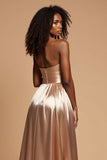 Golden A Line V-Neck Long Satin Prom Dress with Slit