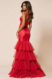 Red Sheath Tulle Tiered V-Neck Long Prom Dress with Slit