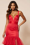 Red Sheath Tulle Tiered V-Neck Long Prom Dress with Slit
