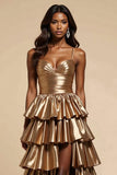 Metallic Golden A Line Satin Tiered Long Prom Dress with Slit