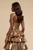 Metallic Golden A Line Satin Tiered Long Prom Dress with Slit