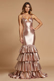 Rose Gold Mermaid Tiered Spaghetti Straps Long Prom Dress