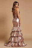 Rose Gold Mermaid Tiered Spaghetti Straps Long Prom Dress