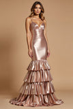 Rose Gold Mermaid Tiered Spaghetti Straps Long Prom Dress