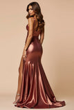 Brown Mermaid Satin Sweetheart Keyhole Long Prom Dress with Slit