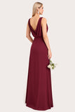 A Line Chiffon Burgundy Cowl Neck Long Bridesmaid Dress with Slit