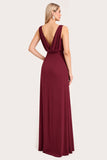 A Line Chiffon Burgundy Cowl Neck Long Bridesmaid Dress with Slit