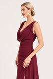 A Line Chiffon Burgundy Cowl Neck Long Bridesmaid Dress with Slit