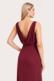 A Line Chiffon Burgundy Cowl Neck Long Bridesmaid Dress with Slit