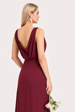 A Line Chiffon Burgundy Cowl Neck Long Bridesmaid Dress with Slit
