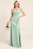 Mint Sheath Chiffon Off the Shoulder Long Bridesmaid Dress with Slit