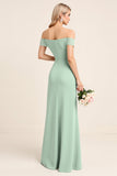 Mint Sheath Chiffon Off the Shoulder Long Bridesmaid Dress with Slit