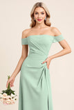 Mint Sheath Chiffon Off the Shoulder Long Bridesmaid Dress with Slit