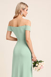 Mint Sheath Chiffon Off the Shoulder Long Bridesmaid Dress with Slit