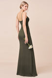 Olive Sheath Spaghetti Straps Long Bridesmaid Dress with Slit