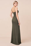 Olive Sheath Spaghetti Straps Long Bridesmaid Dress with Slit