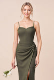 Olive Sheath Spaghetti Straps Long Bridesmaid Dress with Slit