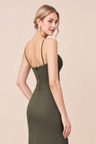 Olive Sheath Spaghetti Straps Long Bridesmaid Dress with Slit