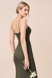 Olive Sheath Spaghetti Straps Long Bridesmaid Dress with Slit
