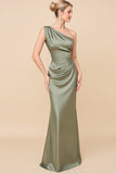 Eucalyptus Sheath Satin One Shoulder Long Bridesmaid Dress