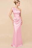 Eucalyptus Sheath Satin One Shoulder Long Bridesmaid Dress