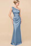 Eucalyptus Sheath Satin One Shoulder Long Bridesmaid Dress