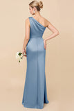 Eucalyptus Sheath Satin One Shoulder Long Bridesmaid Dress