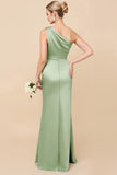 Eucalyptus Sheath Satin One Shoulder Long Bridesmaid Dress