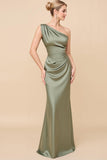 Eucalyptus Sheath Satin One Shoulder Long Bridesmaid Dress