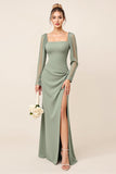 Eucalyptus Sheath Chiffon Square Neck Long Bridesmaid Dress with Slit