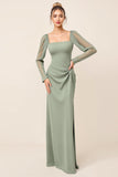 Eucalyptus Sheath Chiffon Square Neck Long Bridesmaid Dress with Slit