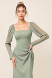 Eucalyptus Sheath Chiffon Square Neck Long Bridesmaid Dress with Slit