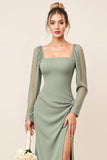Eucalyptus Sheath Chiffon Square Neck Long Bridesmaid Dress with Slit