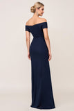 Navy Sheath Chiffon Ruched Long Bridesmaid Dress with Slit