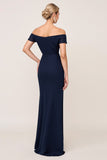 Navy Sheath Chiffon Ruched Long Bridesmaid Dress with Slit