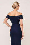 Navy Sheath Chiffon Ruched Long Bridesmaid Dress with Slit