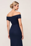 Navy Sheath Chiffon Ruched Long Bridesmaid Dress with Slit