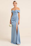 Sheath Satin Dusty Blue Off the Shoulder Maxi Bridesmaid Dress with Slit