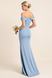 Sheath Satin Dusty Blue Off the Shoulder Maxi Bridesmaid Dress with Slit