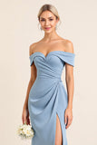 Sheath Satin Dusty Blue Off the Shoulder Maxi Bridesmaid Dress with Slit