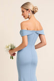 Sheath Satin Dusty Blue Off the Shoulder Maxi Bridesmaid Dress with Slit