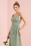 Eucalyptus Sheath Chiffon V-Neck Maxi Bridesmaid Dress
