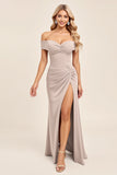Candy Pink A Line Sheath Satin Off the Shoulder Maxi Bridesmaid Dress with Slit