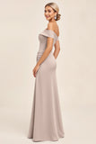 Candy Pink A Line Sheath Satin Off the Shoulder Maxi Bridesmaid Dress with Slit